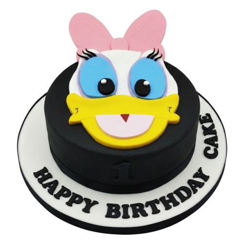 Round black and white Daisy Duck birthday cake with pink bow and custom age number on the side.