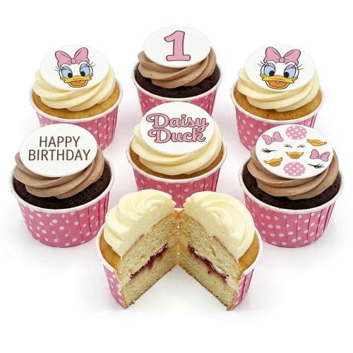 Daisy Duck themed cupcakes with '1' and 'Happy Birthday' toppers in pink wrappers.