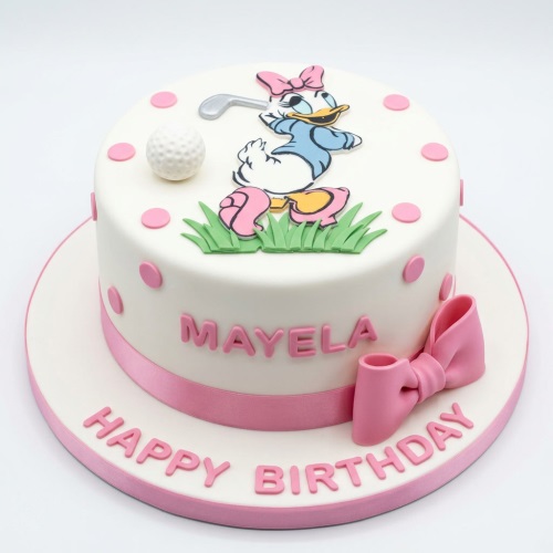 Round white birthday cake with Daisy Duck playing golf, pink polka dots, and a pink bow.
