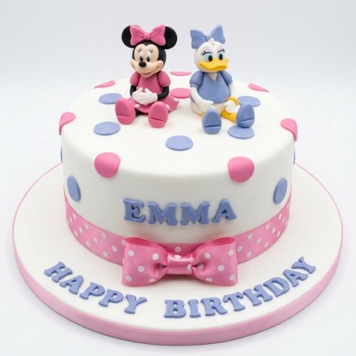 Round white birthday cake with Minnie Mouse and Daisy Duck figurines, pink and blue polka dots, and a pink ribbon bow.