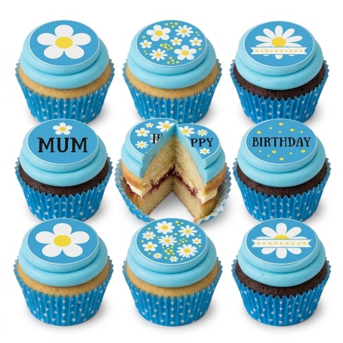 Nine cupcakes with light blue frosting and white and yellow daisy toppers, some with 'MUM' and 'HAPPY BIRTHDAY' messages.