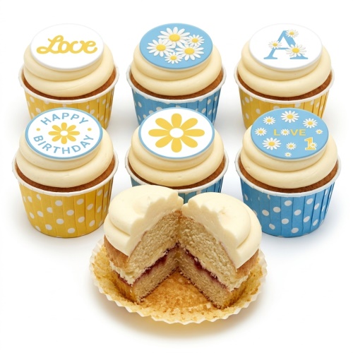 Six floral daisy cupcakes with yellow and blue toppers, some with 'Love', 'Happy Birthday', initial, and custom age.