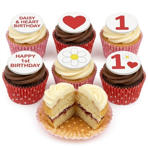 Assortment of 1st birthday cupcakes with daisy and heart toppers, vanilla and chocolate frosting.
