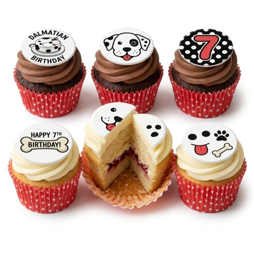 Dalmatian dog themed birthday cupcakes with custom age toppers and paw print decorations.