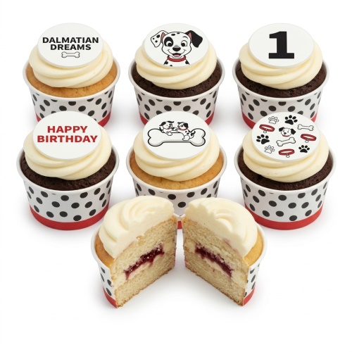 Set of Dalmatian themed birthday cupcakes with paw prints, bones, and a custom age topper.