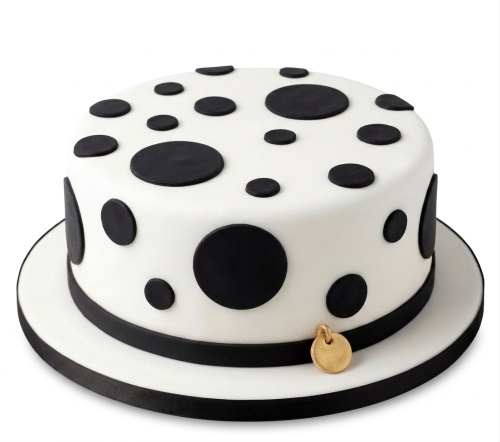 Round white cake with black polka dots, black ribbon, and a gold charm.