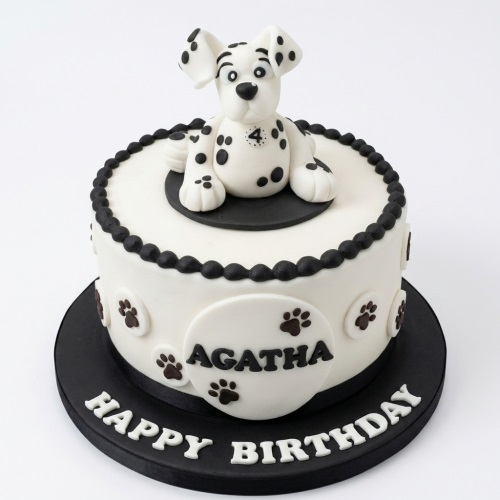 White round cake with black and white dalmatian dog topper, paw prints, and custom age.