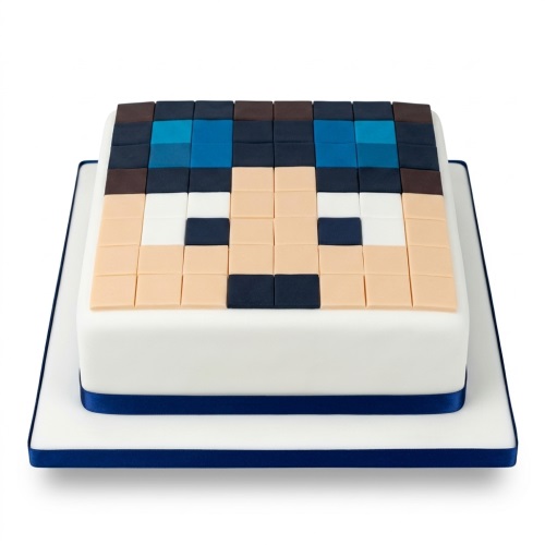 Square white cake with a pixelated Minecraft-style character face on top, blue ribbon base.