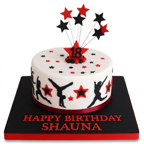 White round cake with black gymnast silhouettes, red and black stars, custom age topper, and personalised message.