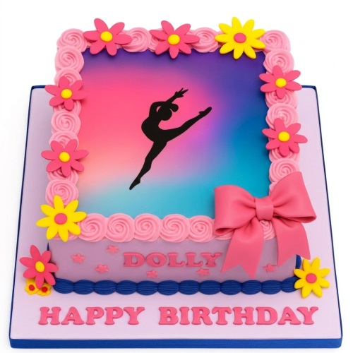 Square birthday cake with a black gymnast silhouette on a pink, purple, blue gradient background, decorated with pink and yellow flowers and a pink bow.