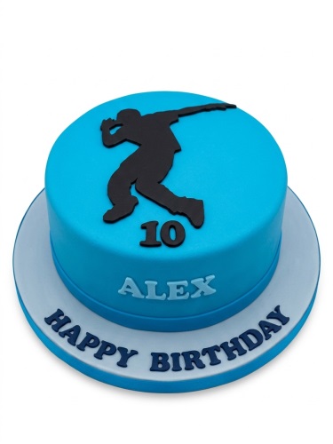 Blue round birthday cake with black bowling silhouette and custom age.