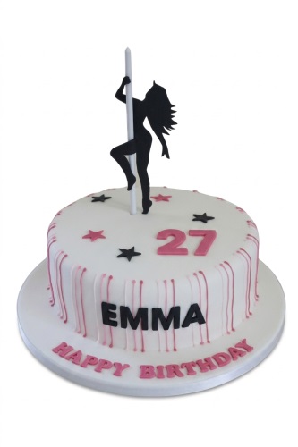White round birthday cake with black pole dancer silhouette, pink and black stars, custom age topper, and personalised name.