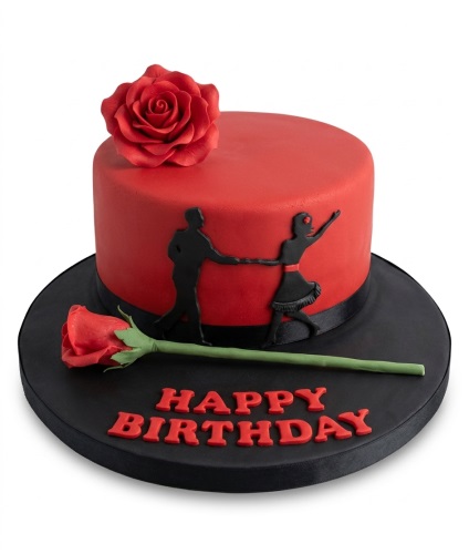 Red and black round birthday cake with dancing couple silhouettes and red roses.