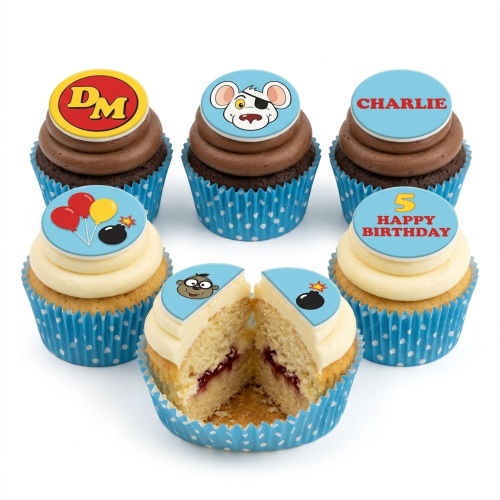 Danger Mouse themed cupcakes with character toppers, balloons, and custom age option.