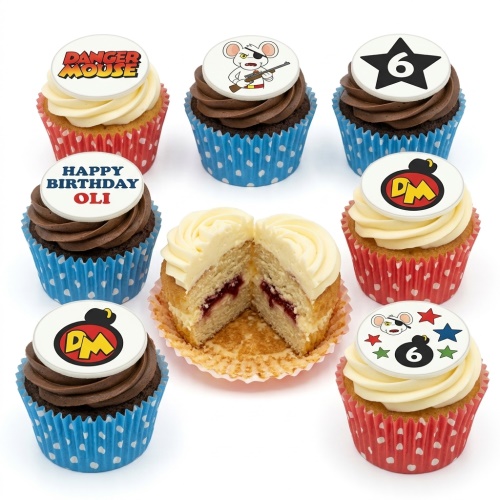 Danger Mouse themed birthday cupcakes with character toppers, custom age '6', and personalised message "Happy Birthday Oli".