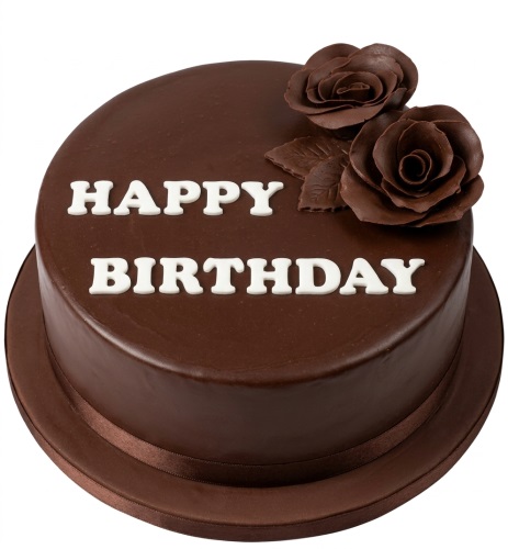 Round chocolate birthday cake with white 'Happy Birthday' message and chocolate roses.
