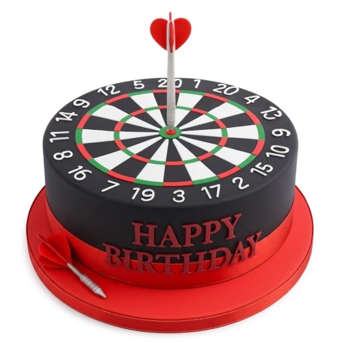 Round black birthday cake with a dartboard design on top and a dart in the bullseye. A red "Happy Birthday" message is on the side.
