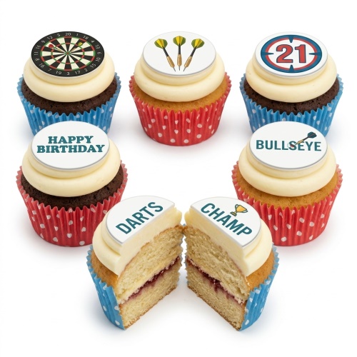 Darts themed birthday cupcakes with dartboard, darts, and custom age toppers