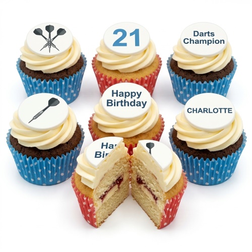 Darts themed birthday cupcakes with custom age and personalised message toppers, in blue and red cases.