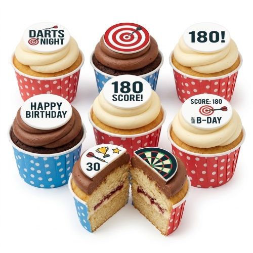 Darts themed birthday cupcakes with dartboard, dart, and custom age toppers.