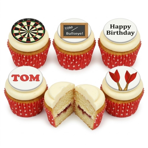 Set of darts themed birthday cupcakes with dartboard, darts, and personalised message toppers.