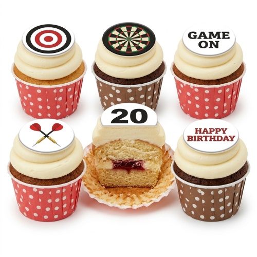 Darts themed cupcakes with dartboard, target, crossed darts, 'Game On', 'Happy Birthday', and a custom age topper.