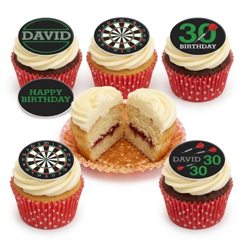 Darts themed birthday cupcakes with dartboard toppers, custom age, and personalised message examples.