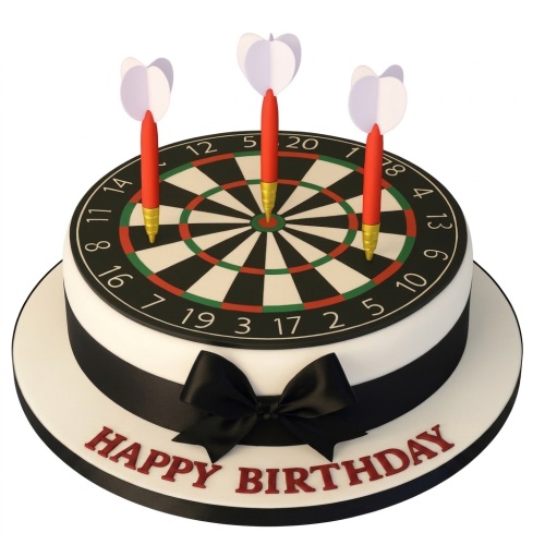 Round darts board birthday cake with three red darts and a black ribbon.