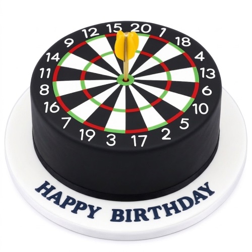 Round black darts board birthday cake with a yellow dart in the bullseye.