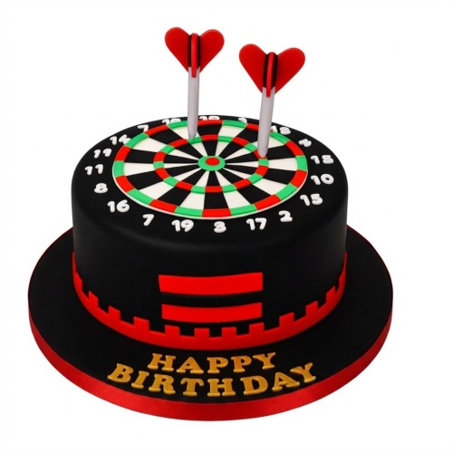 Round black darts board birthday cake with two red darts and 'Happy Birthday' message.