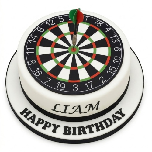 Round white birthday cake with an edible darts board on top and a dart topper, with space for a personalised message.