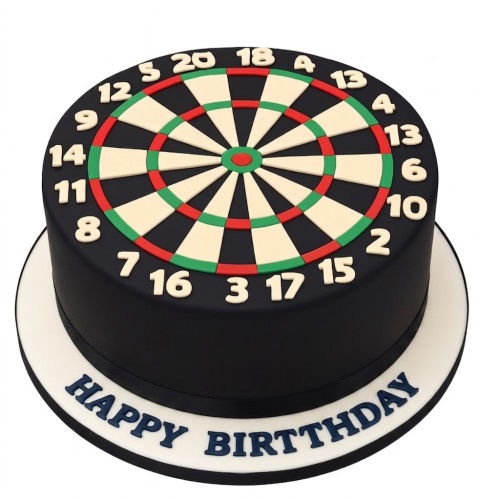 Round black cake with an edible darts board on top and 'Happy Birthday' on the board.