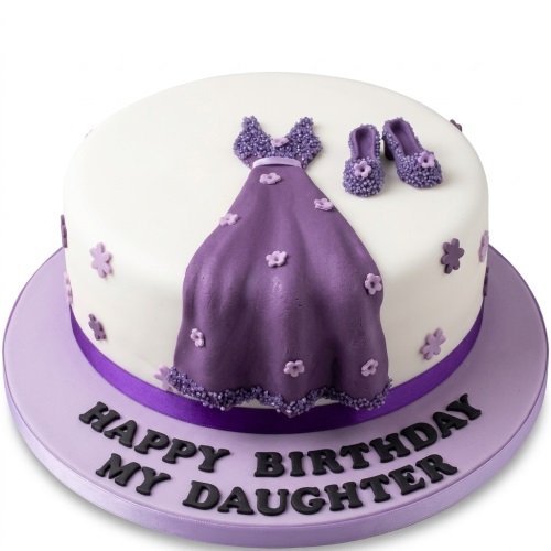 White round birthday cake with purple dress, high heels, and small flowers.