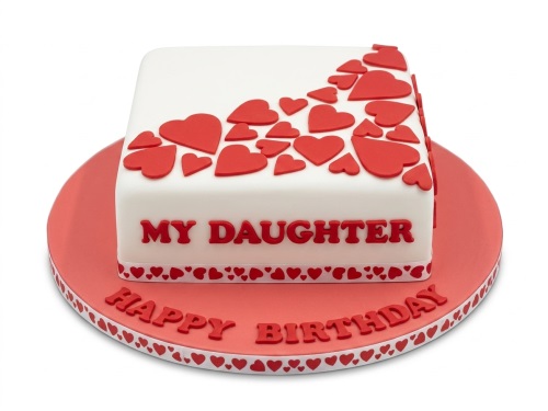 Square white cake with red fondant hearts and a heart-patterned ribbon. Features a custom message.