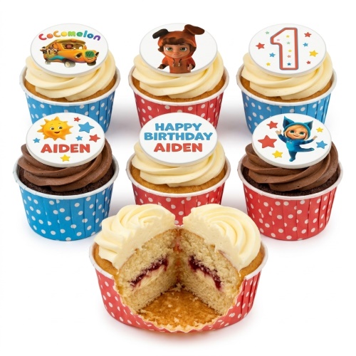 Cocomelon theme cupcakes with character toppers, stars, and custom age '1' and name 'Aiden'.