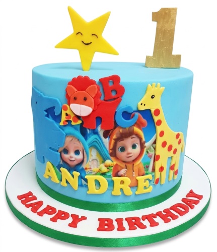 Blue kids birthday cake with cartoon characters, lion, giraffe, ABC letters, and custom age topper.