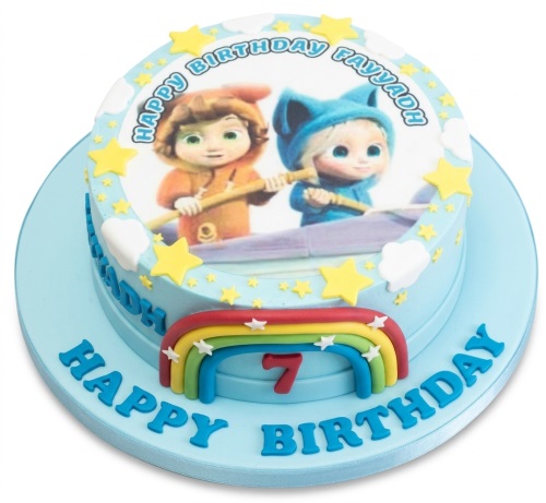 Two-tier Masha and the Bear kids birthday cake with custom age topper, rainbow, and stars.