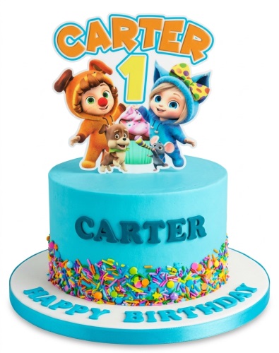 Bright blue single-tier cake with cartoon character toppers and colourful sprinkles, with a '1' and 'Happy Birthday' message.