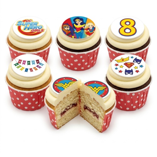 DC Super Hero Girls themed birthday cupcakes with character and logo toppers, custom age, and "Happy Birthday" banner.