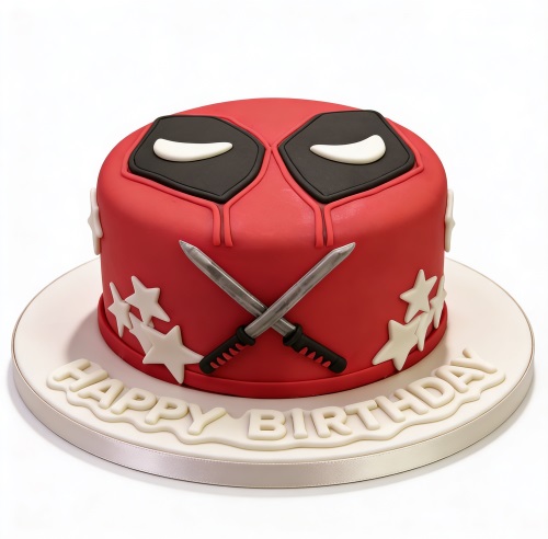 Red Deadpool themed birthday cake with black mask, white eyes, crossed katanas, and white stars.