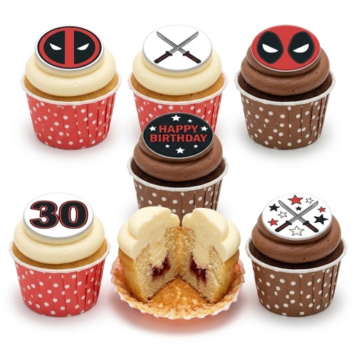 Deadpool themed birthday cupcakes with character logo, crossed katanas, and custom age topper.