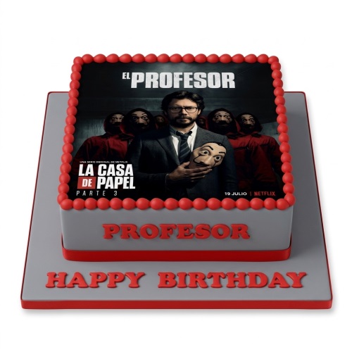 Two-tier square Money Heist 'El Profesor' birthday cake with edible image and red and grey icing.