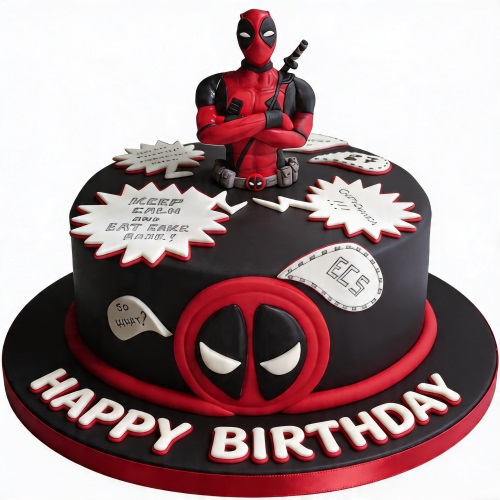 Round black and red Deadpool themed birthday cake with a Deadpool figure topper and logo, with speech bubble decorations and 'Happy Birthday' text.