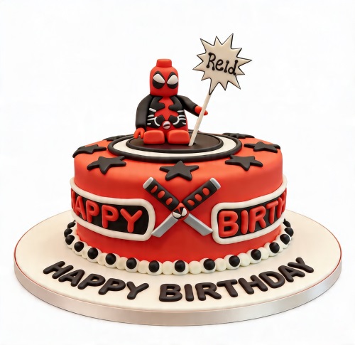 Red Deadpool themed birthday cake with Lego-style figure, crossed swords, and custom name topper.