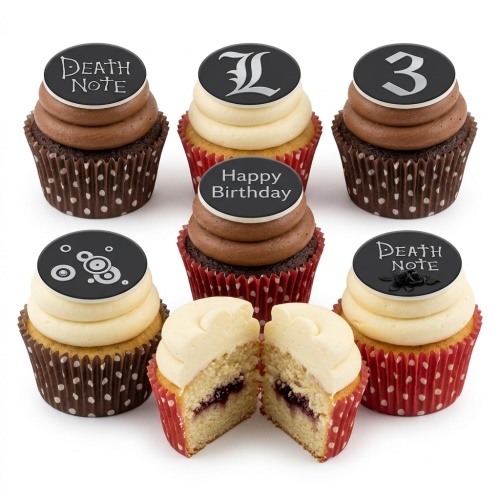 Death Note themed cupcakes with black and white toppers, some with 'L' and 'Happy Birthday' messages.