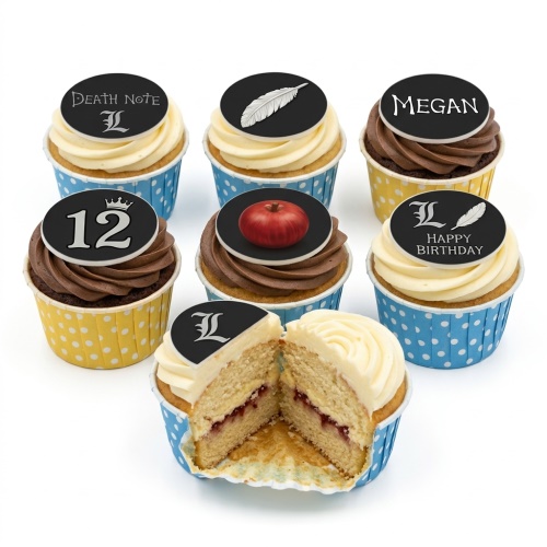 Death Note themed cupcakes with black toppers, 'L' symbol, feather, apple, and custom age/name.