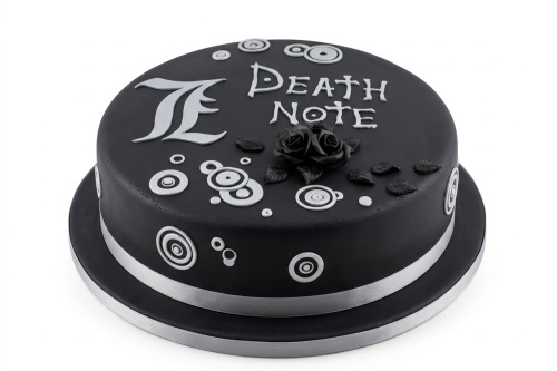 Round black Death Note themed birthday cake with silver L symbol, text, and black roses.