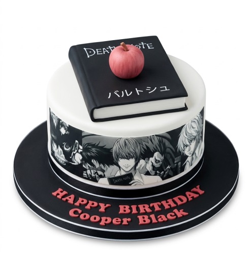 Two-tier Death Note theme birthday cake with edible book, apple, and character wrap on a black board.