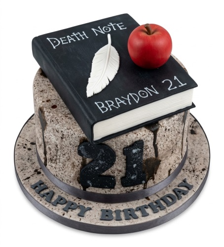 Two-tiered Death Note theme birthday cake with edible book, feather, apple, and custom age.