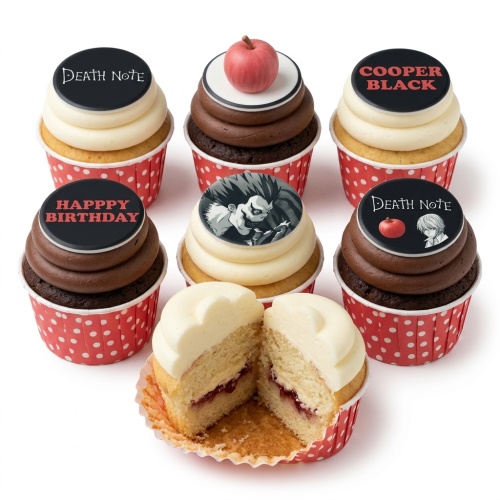 Death Note theme birthday cupcakes with black and white frosting, red polka dot cases, and edible toppers featuring Ryuk, L, Death Note logo, and a red apple.